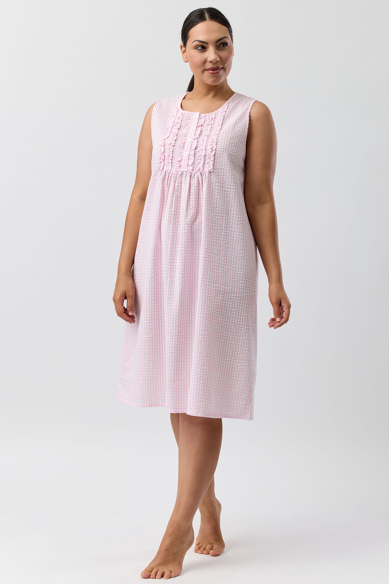 SEERSUCKER CHECK SLEEVELESS NIGHTIE PINK - SK807C5